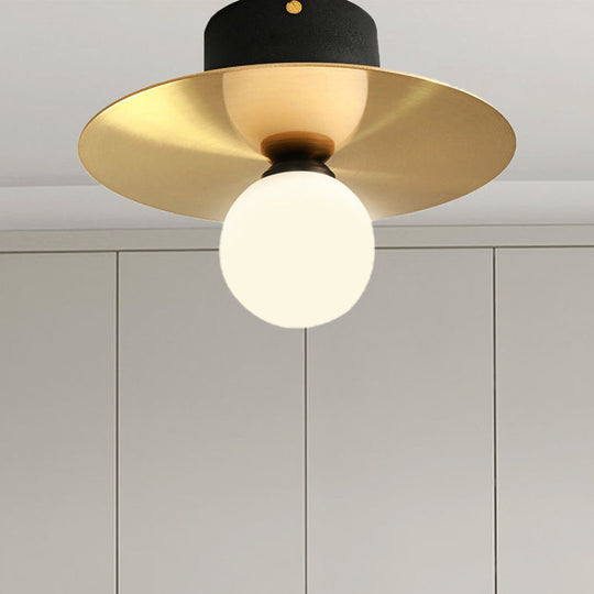 Modern Milk Glass Ceiling Light Fixture With Gold Disk - Contemporary 1-Bulb Lighting For Living