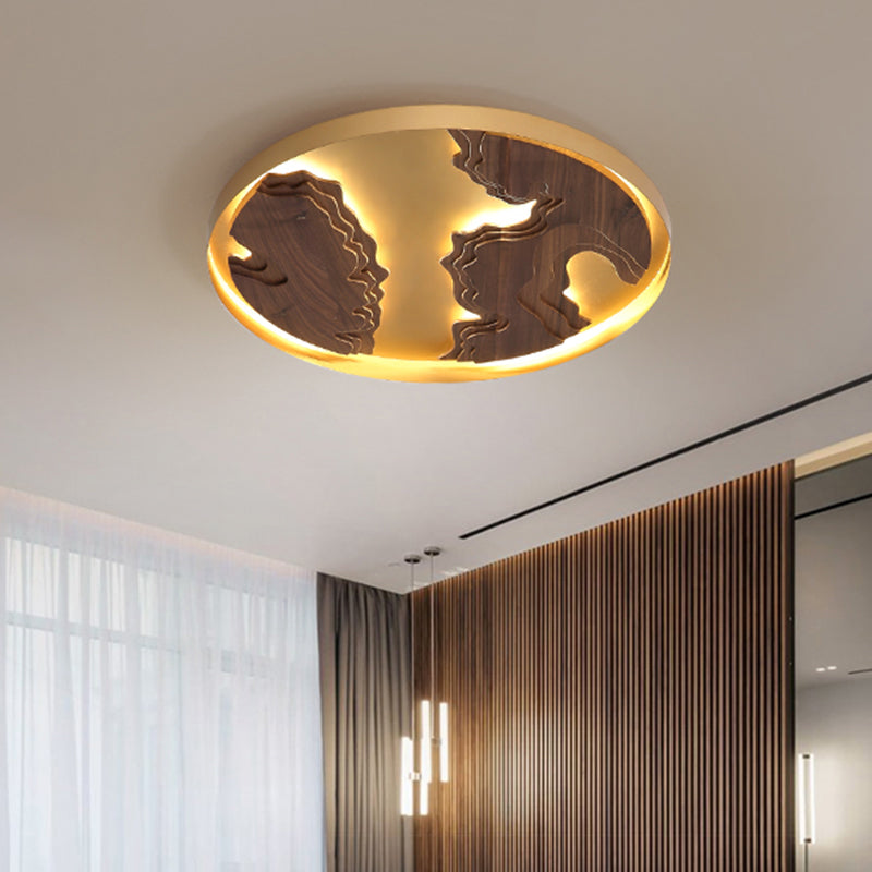 Contemporary Wood Gold/White Round Led Flush Mount Lamp For Living Room Ceiling -