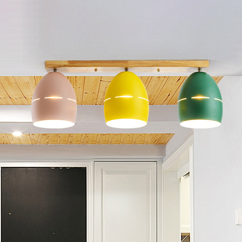 Nordic Wood Finish Linear Semi-Flushmount Light: 3 Lights And Oval Metal Shade