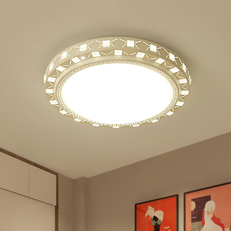 Modern White Drum Ceiling Flush Mount With Crystal Accent Led Fixture - Perfect For Bedrooms 16/19.5