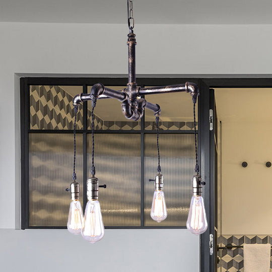 Rustic Water Pipe Ceiling Light With 4 Bulbs - Antique Bronze/Black Wrought Iron Chandelier Lamp