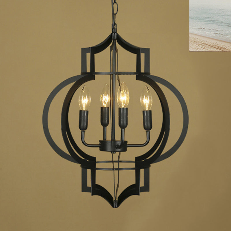 4/6 Bulbs Vintage Style Lantern Cage Chandelier Light In Black - Wrought Iron Medium Hanging Lamp