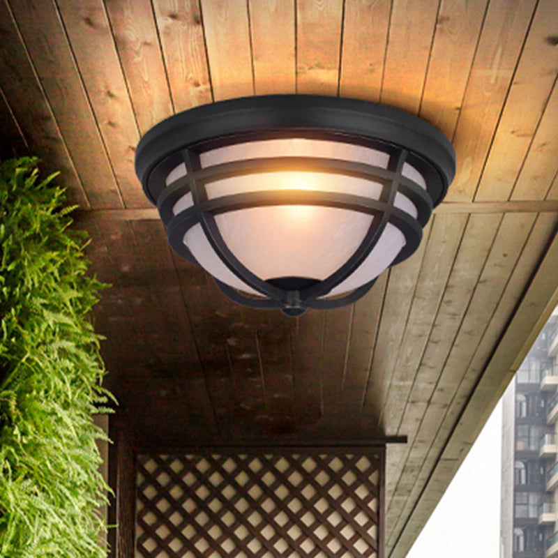 Black Metal Flush Mount Light With Frosted Glass Shade - Industrial Style For Balcony