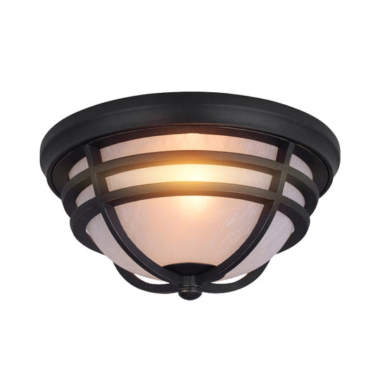 Black Metal Flush Mount Light With Frosted Glass Shade - Industrial Style For Balcony