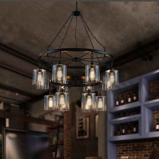 Industrial Pendant Chandelier: 2-Tier Wheel Multi-Light Lamp With Clear Glass Black Finish And