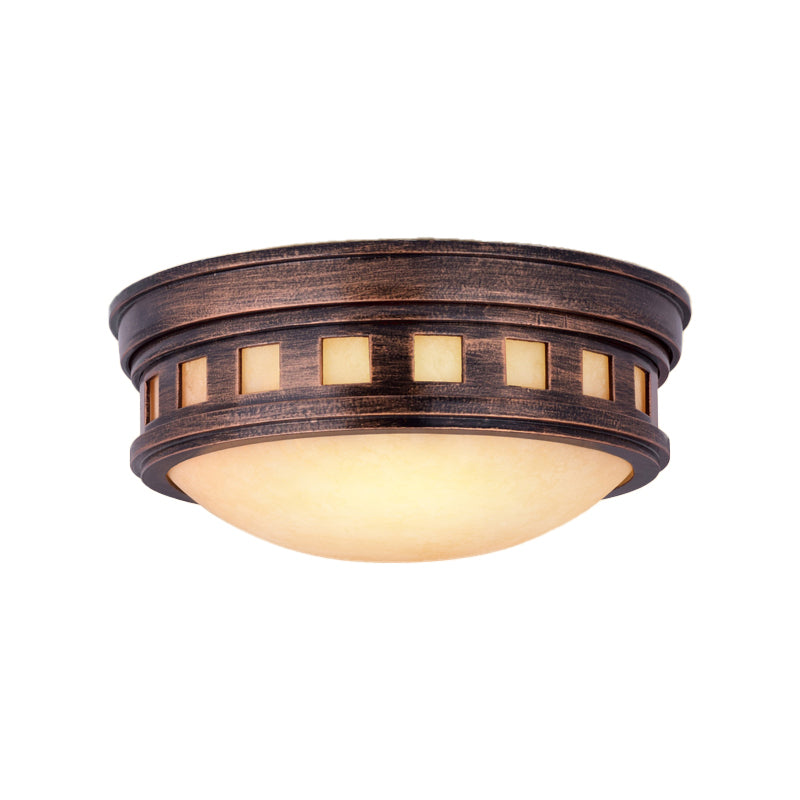 Rustic Metal Drum Flush Mount Ceiling Light With Opal Glass Bronze/Gold Outdoor Porch Lighting