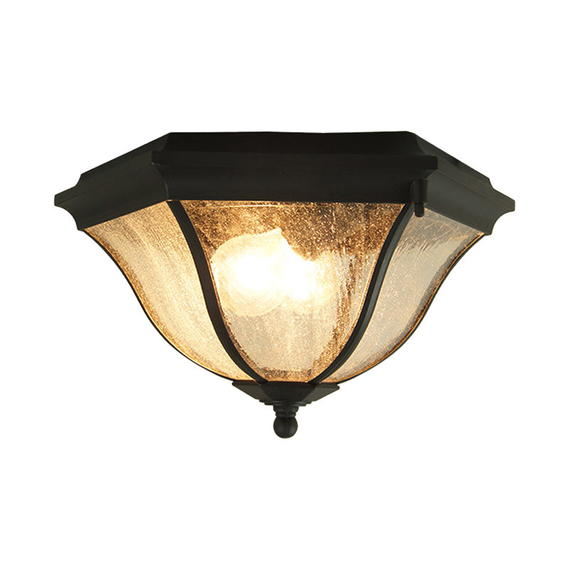 Outdoor Geometric Flush Light With Seeded Glass Shades - Traditional Black Ceiling Fixture For
