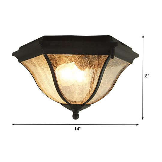 Outdoor Geometric Flush Light With Seeded Glass Shades - Traditional Black Ceiling Fixture For