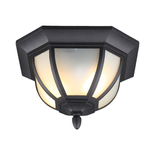 Opal Glass Industrial Flush Ceiling Light - Outdoor Black Mount With 2 Lights