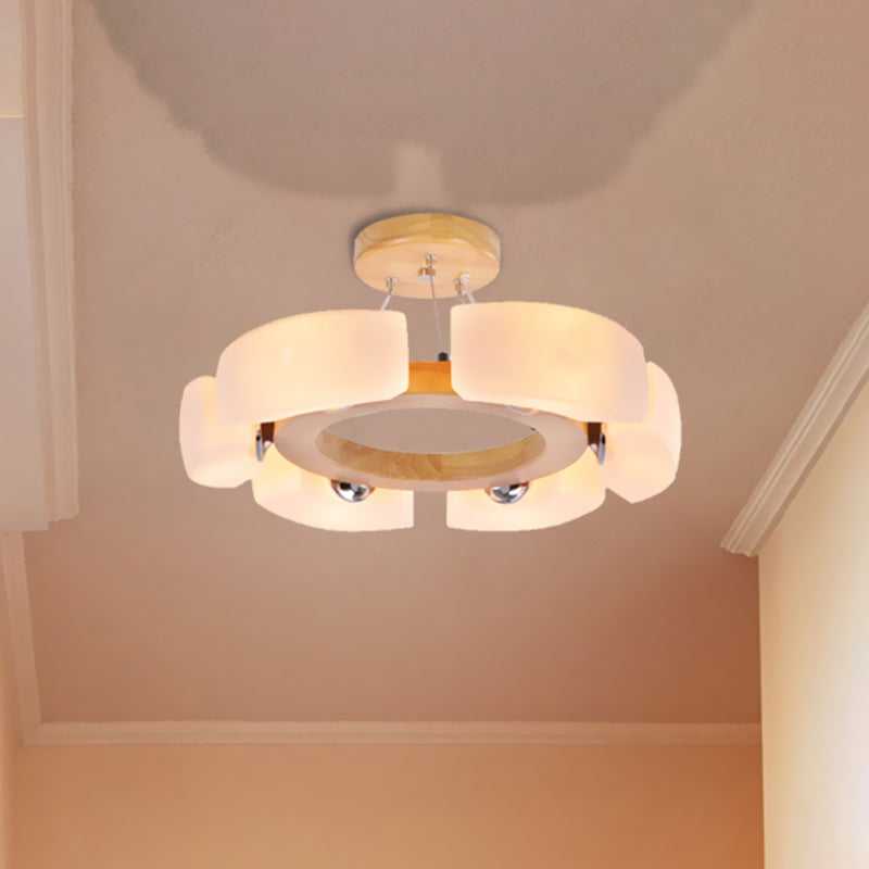Round Wooden Flush Mount Ceiling Light With 4/6 Lights In Warm/White Modern Style
