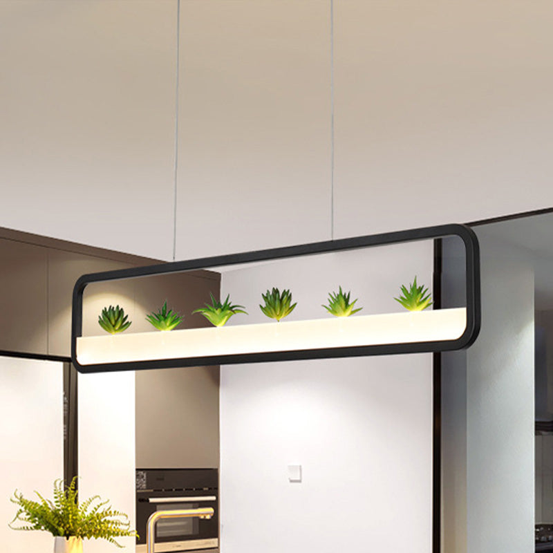 Modern Led Metal Rectangular Chandelier 27.5 Wide Ceiling Hung Light In White/Black With Artificial