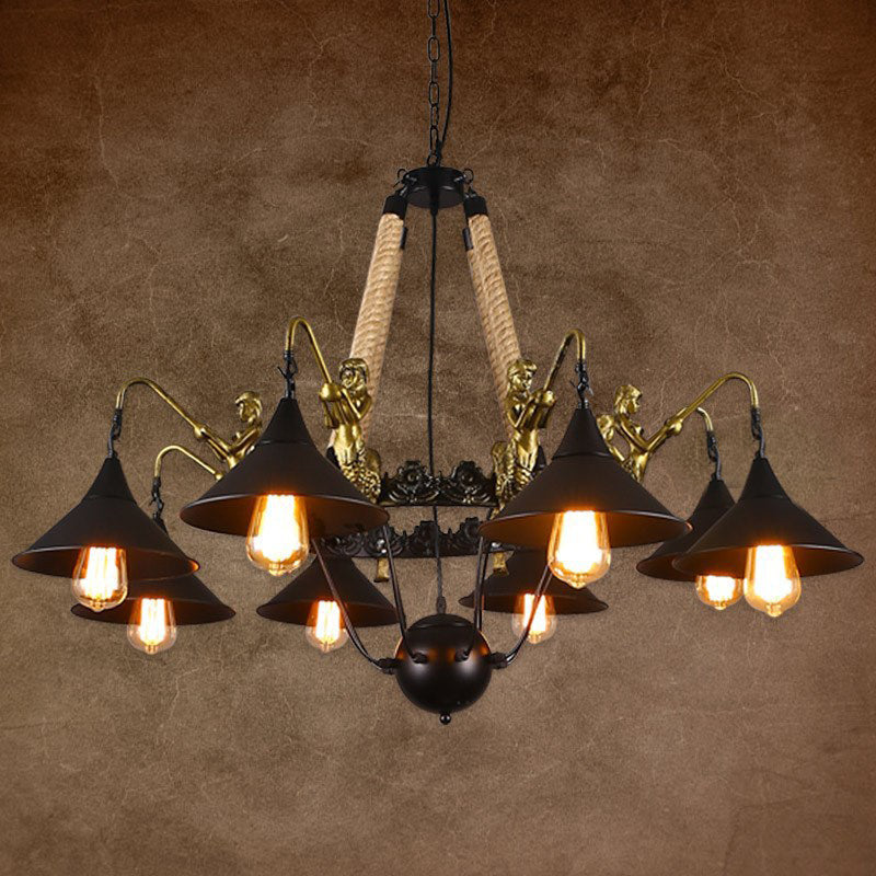 Black Industrial Bell Chandelier Light W/ Mermaid Deco - Metal/Rope Suspension | 6/8 Bulbs