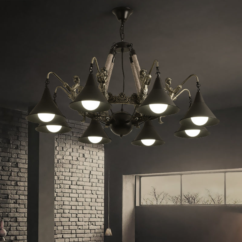 Industrial Bell Chandelier - Metal And Rope Suspension Light With Mermaid Deco Black (6/8 Bulbs)