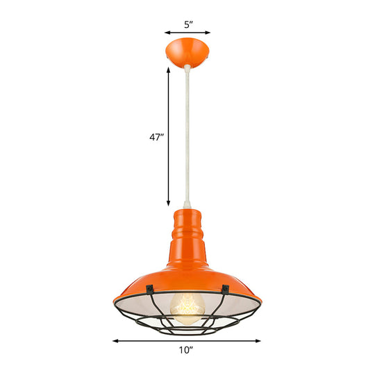 Industrial Metal Pendant Light Fixture With Wire Guard - Orange/Blue/Green Bowl Design