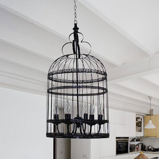Industrial Style Bird Cage Hanging Light With Candle - Black Metallic Chandelier Lamp For Bedroom