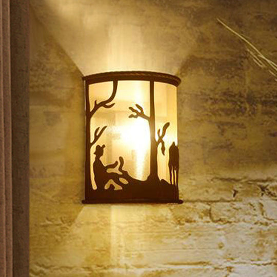 Rust One Light Retro Metal Sconce With Unique Tree/Elk Pattern Stylish Half Cylinder Lighting