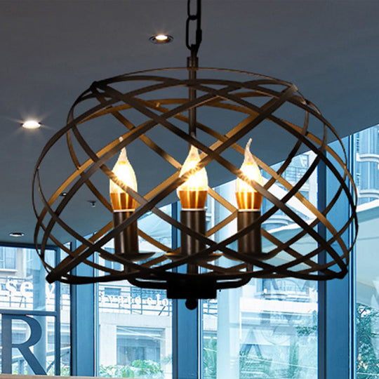 Vintage Open Cage Hanging Light With 3 Candle Chandelier Heads - Stylish & Elegant Black Design