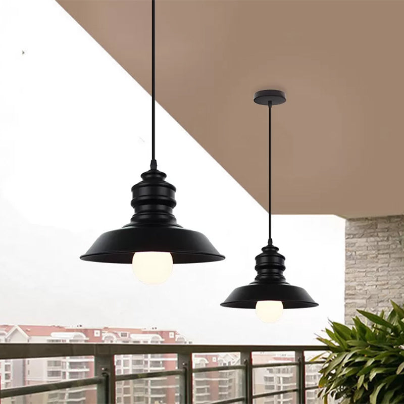 Industrial Style Black Pendant Light With Metal Barn Lampshade - Perfect For Balcony Hanging