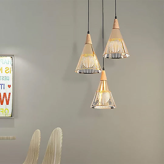 Nordic Cone Ceiling Light - 3 Head Metal And Wood Pendant Lighting With Wire Frame Linear/Round