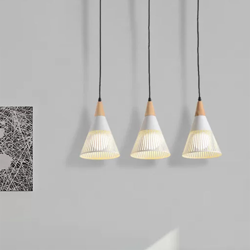 Nordic Cone Ceiling Light - 3 Head Metal And Wood Pendant Lighting With Wire Frame Linear/Round