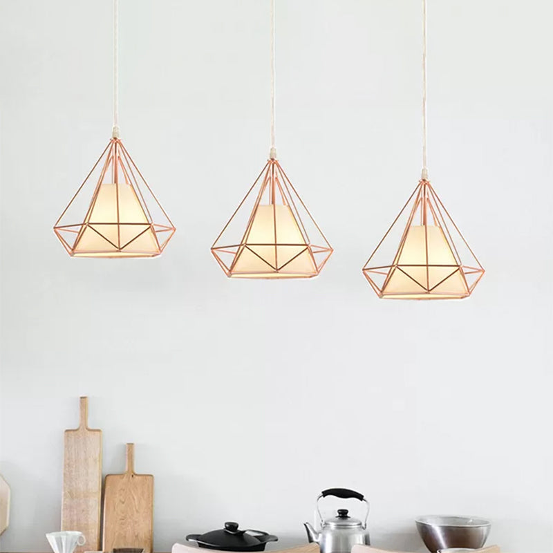 Rose Gold Wire Frame Pendant Lamp With Modern Style Design - 3 Bulbs Fabric And Metal Linear/Round