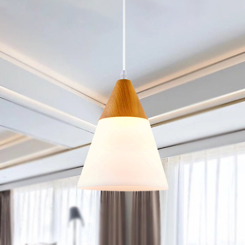 Modern Cone Milk Glass Suspension Pendant - Natural Wood Hanging Light Fixture (1-Light 5/7.5/10.5