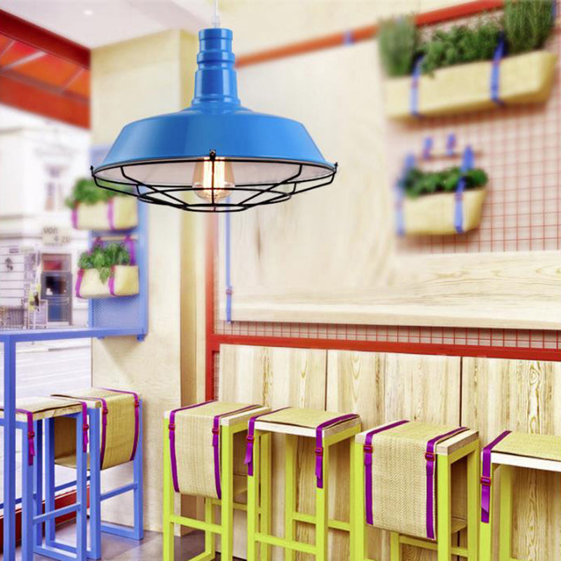 Industrial Metal Pendant Light Fixture With Wire Guard - Orange/Blue/Green Bowl Design