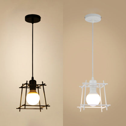 Retro Square Cage Pendant Light In Black/White - Bedroom Ceiling Hanging Lamp