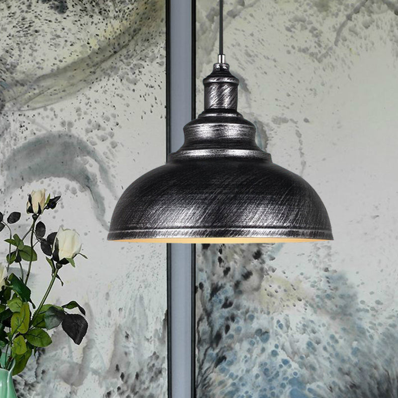 Adjustable Cord Pendant With Metal Dome Shade In Retro Black/Gray - 12’/14’/16’ W