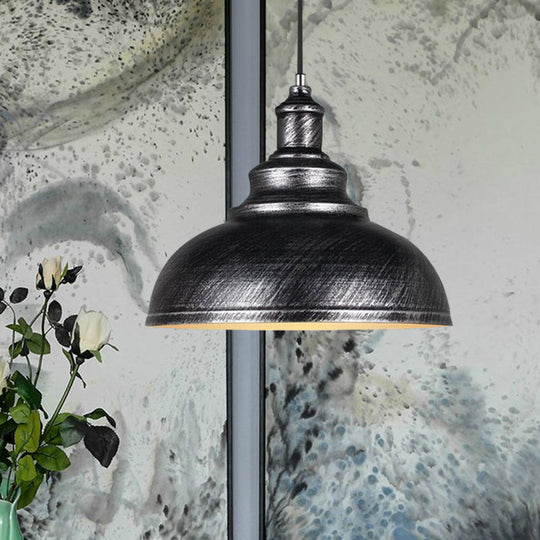Adjustable Cord Pendant With Metal Dome Shade In Retro Black/Gray - 12’/14’/16’ W