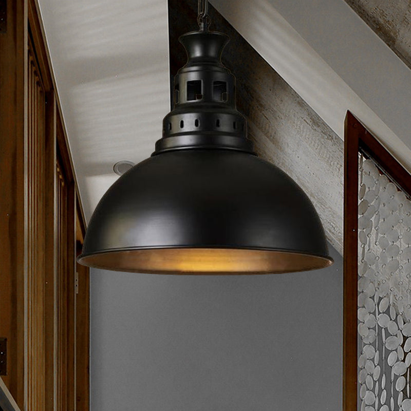 Vintage-Style Iron Dome Pendant Light For Restaurant Ceilings - 1 Head Black/White Vented Socket