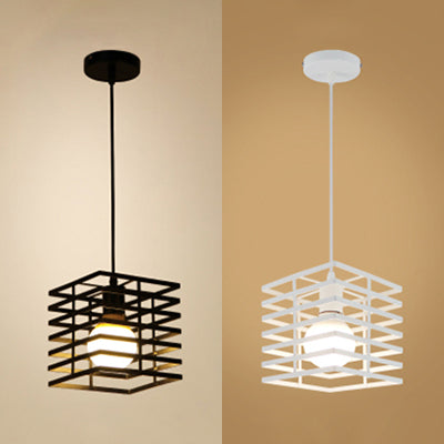Metal Cage Pendant Light Retro Style Black/White Hanging Lamp For Restaurant Ceiling