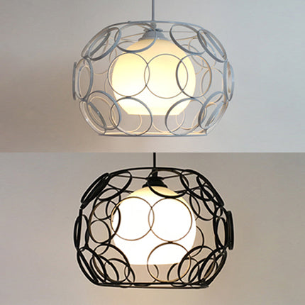 Vintage Metal Pendant Light With Opal Glass Shade - Black/White Wire Frame Indoor Hanging Ceiling