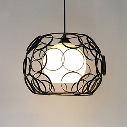 Vintage Metal Pendant Light With Opal Glass Shade - Black/White Wire Frame Indoor Hanging Ceiling