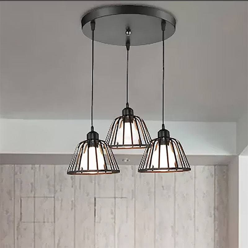 Black Metal Frame Dome Pendant With 3 Light Bulbs For Kitchen Ceiling