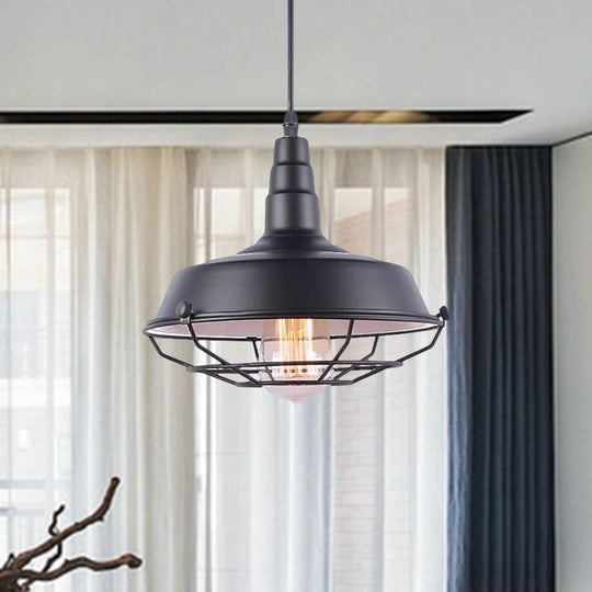 Vintage Wrought Iron Pendant Lighting: White Inner/Black Wire Guard With Barn Shade - 1 Light