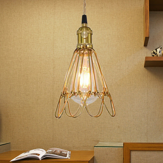 Vintage Brass Wire Pendant Lamp With Ruffled Edge - Metallic Living Room Light