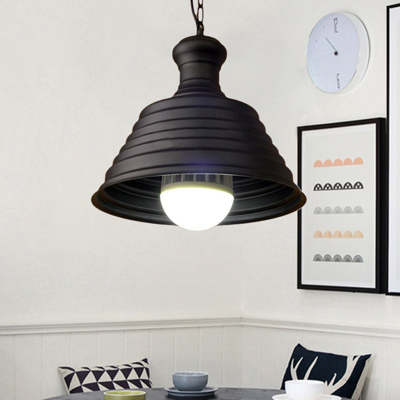 Industrial Metal 1-Light Bell Hanging Pendant Lamp With Ribbed Design & Bronze Finish - Ideal For