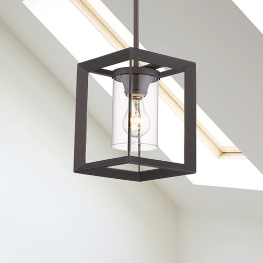 Industrial Black Cylinder Glass Pendant Light - Clear Living Room Ceiling Fixture