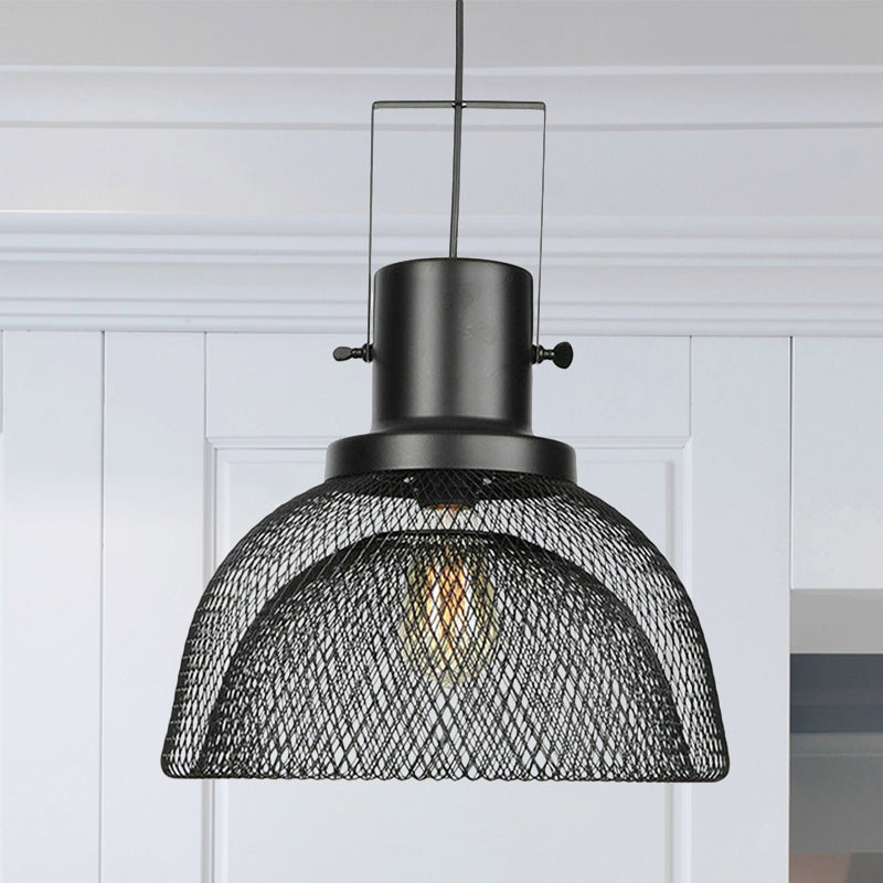 Industrial Metal Pendant Light - Mesh Cage 1-Light Black Shade Living Room Hanging Lamp