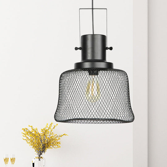 Industrial Metal Pendant Light - Mesh Cage 1-Light Black Shade Living Room Hanging Lamp / B