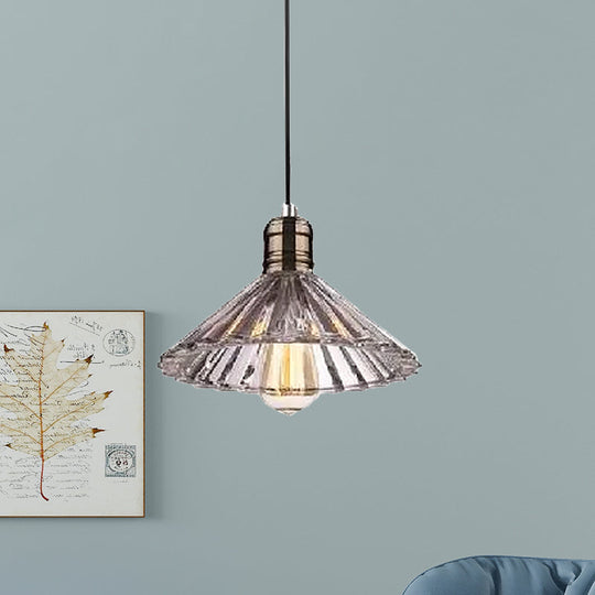 Farmhouse Pendant Light: Cone-Shaped Ribbed Glass Fixture In Bronze/Brass