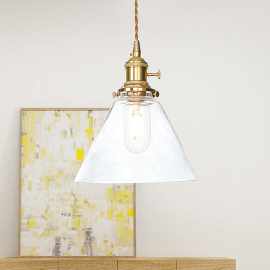 Farmhouse Brass Pendant Ceiling Light Fixture - Clear/Amber Glass Cone 1-Light For Living Room