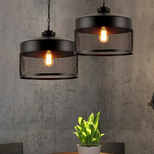 Industrial Style Metal Hanging Light With Black Mesh Drum Shade - Restaurant Pendant Fixture