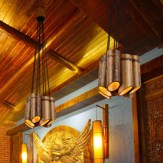 Bamboo Hanging Lamp Antique Tube Suspension Light - 8 Lights Beige Ideal For Bistro Restaurant