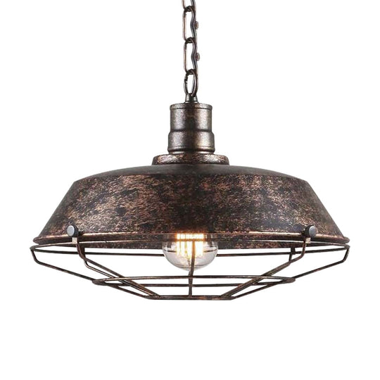 Rustic Wire Cage Pendant Light With Barn Shade In Antique Brass/Rustic Finish 1 10’/14’/18’ Width