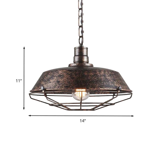 Rustic Wire Cage Pendant Light With Barn Shade In Antique Brass/Rustic Finish 1 10’/14’/18’ Width