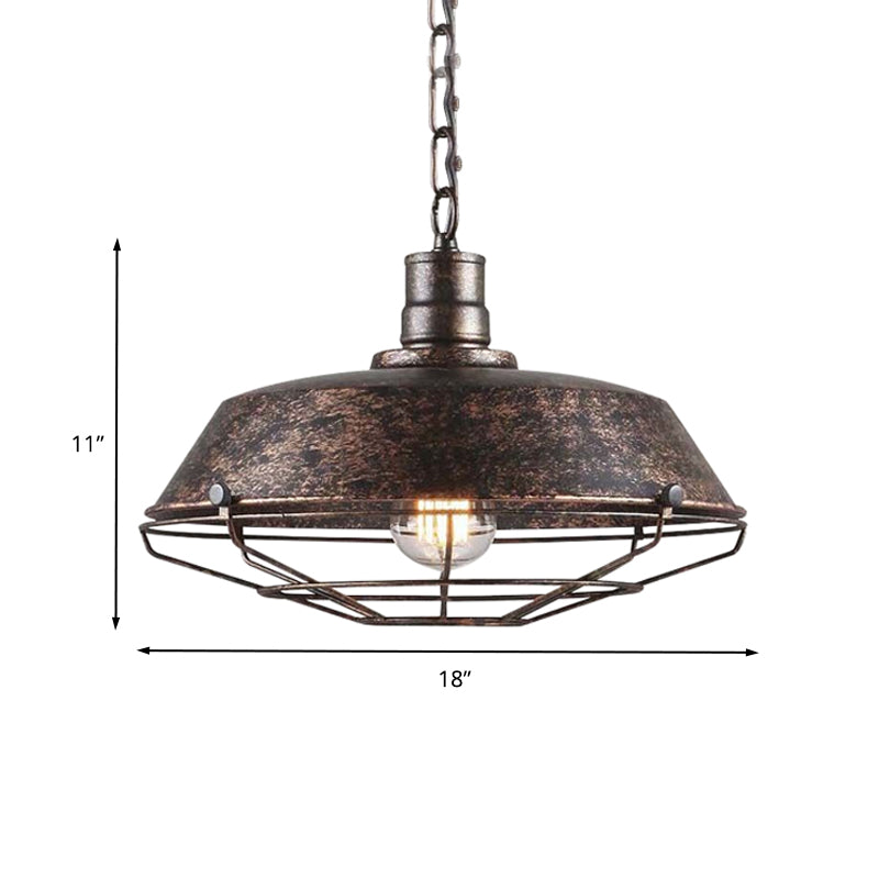 Rustic Wire Cage Pendant Light With Barn Shade In Antique Brass/Rustic Finish 1 10’/14’/18’ Width