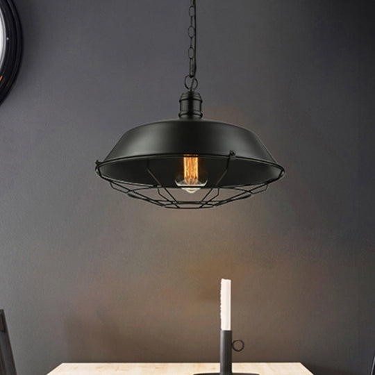 Industrial Black Wire Cage Pendant With Barn Shade - Ceiling Or Dining Table Hanging Fixture