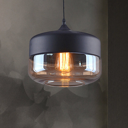 Industrial Cylinder Pendant Light With Brown Glass Shade - 1-Light Hanging Ceiling Fixture In Black